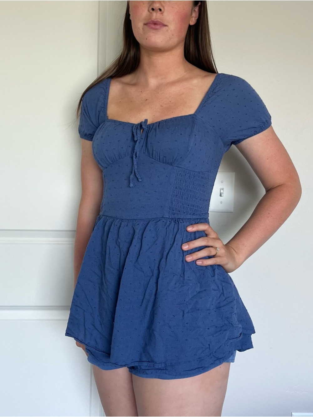 Hollister Navy Blue Square-Neck Tie-Front Mini Romper Dress